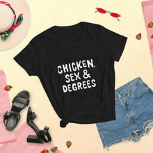 Load image into Gallery viewer, Chicken, Sex &amp; Degrees Women&#39;s Short Sleeve T-shirt (Black w/ White Letters)
